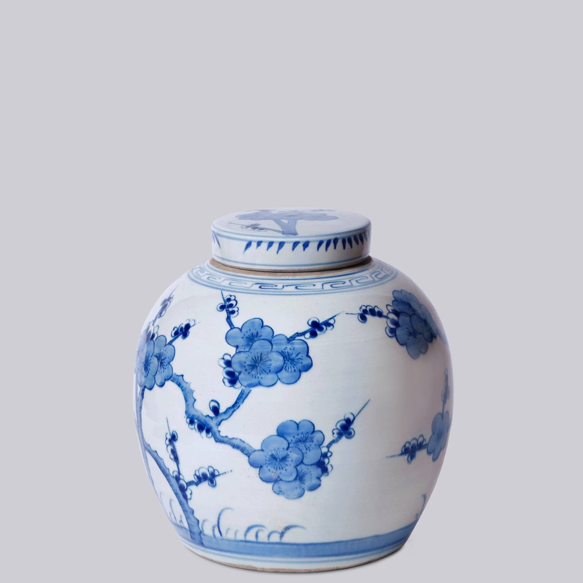 Blue and White Porcelain Cherry Blossom Round Storage Jar - Box Turtle
