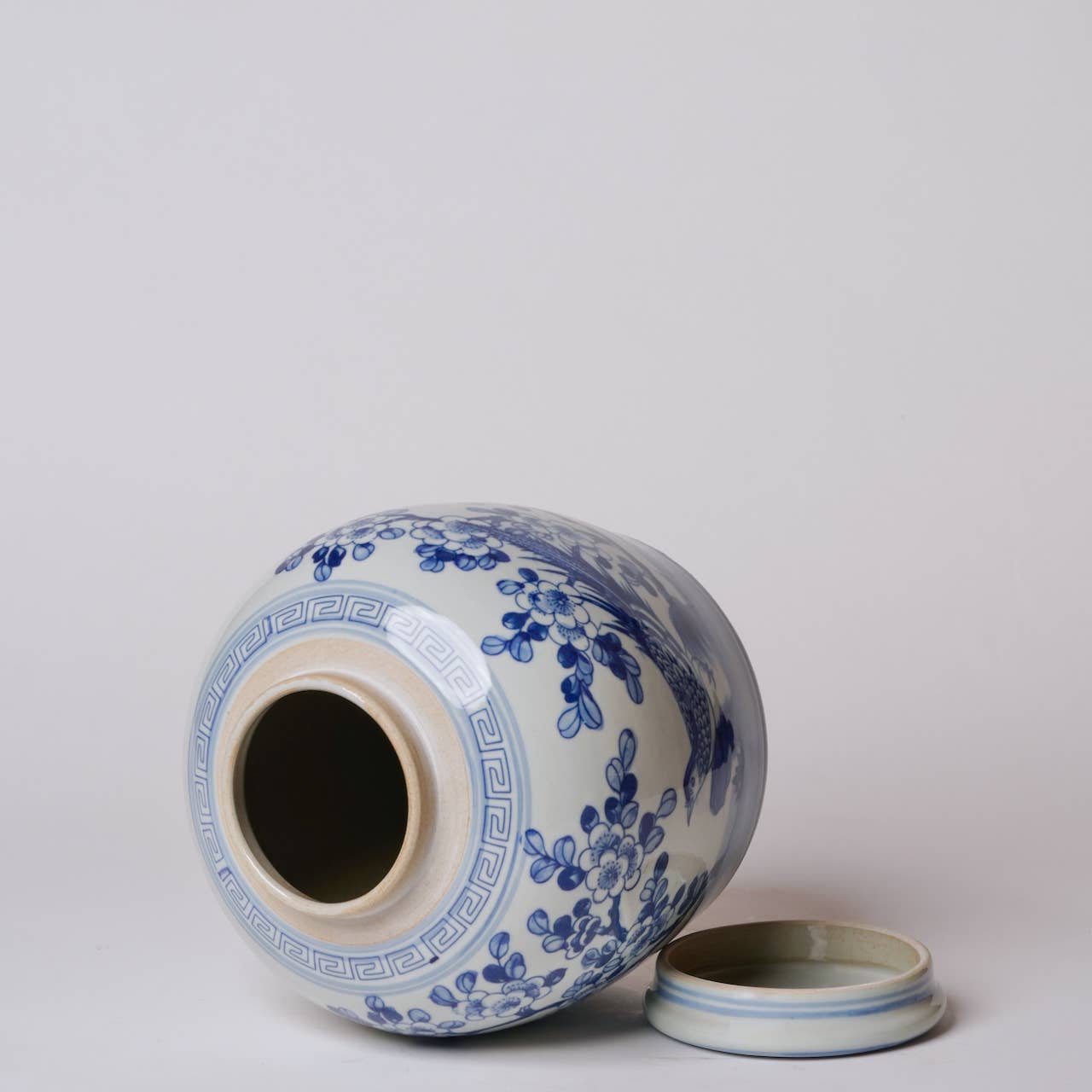 Blue and White Porcelain Pheasant and Flower Round Jar - Box Turtle