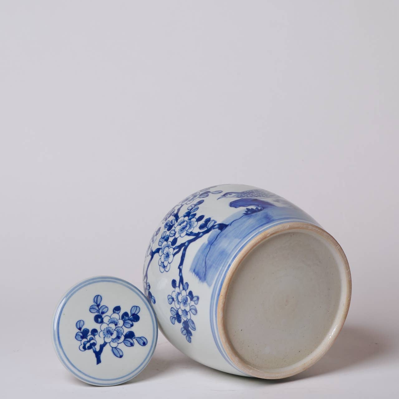Blue and White Porcelain Pheasant and Flower Round Jar - Box Turtle