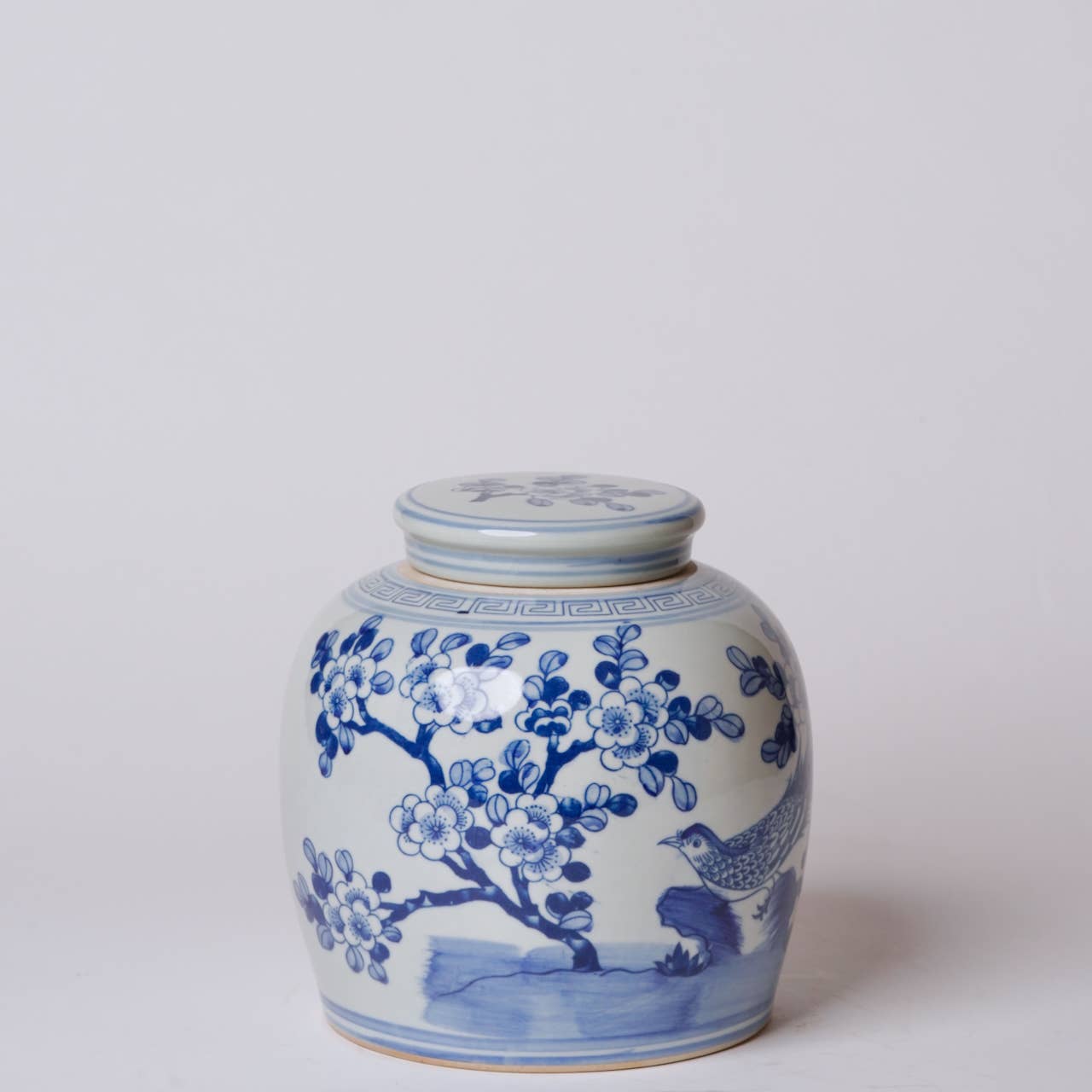 Blue and White Porcelain Pheasant and Flower Round Jar - Box Turtle