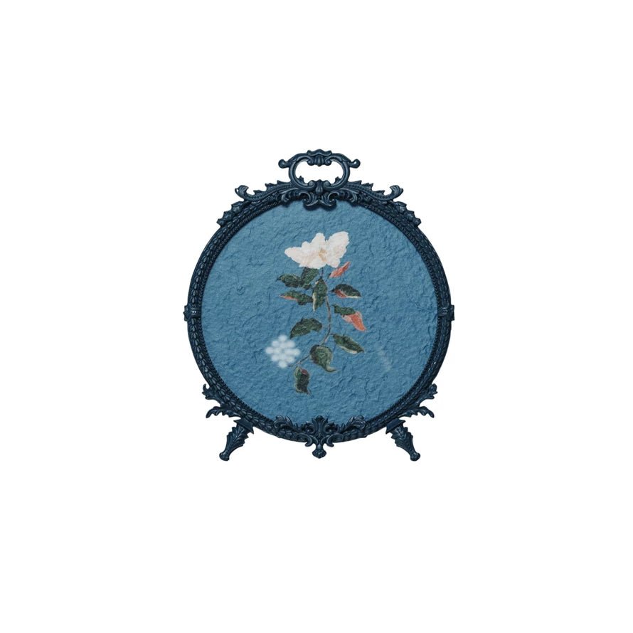 Blue Circle Frame with Hand - Painted Flowers - Box Turtle