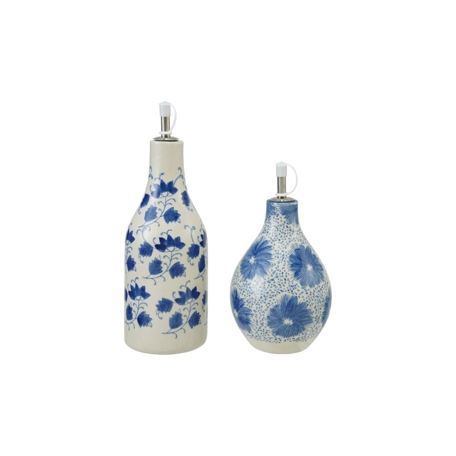 Blue &amp; White Floral Stoneware Oil Cruet - Box Turtle
