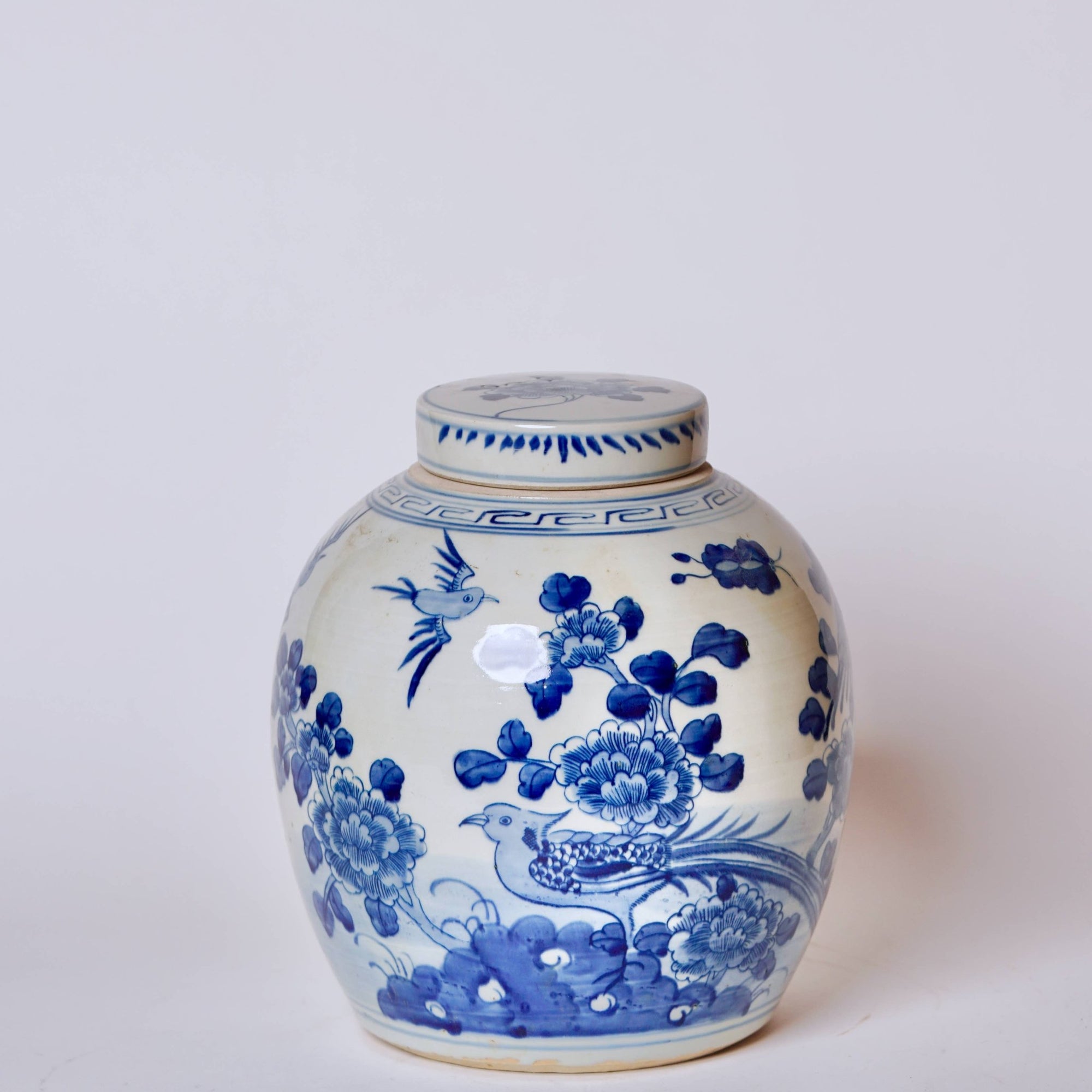 Blue & White Porcelain Bird & Flower Round Storage Jar - Box Turtle