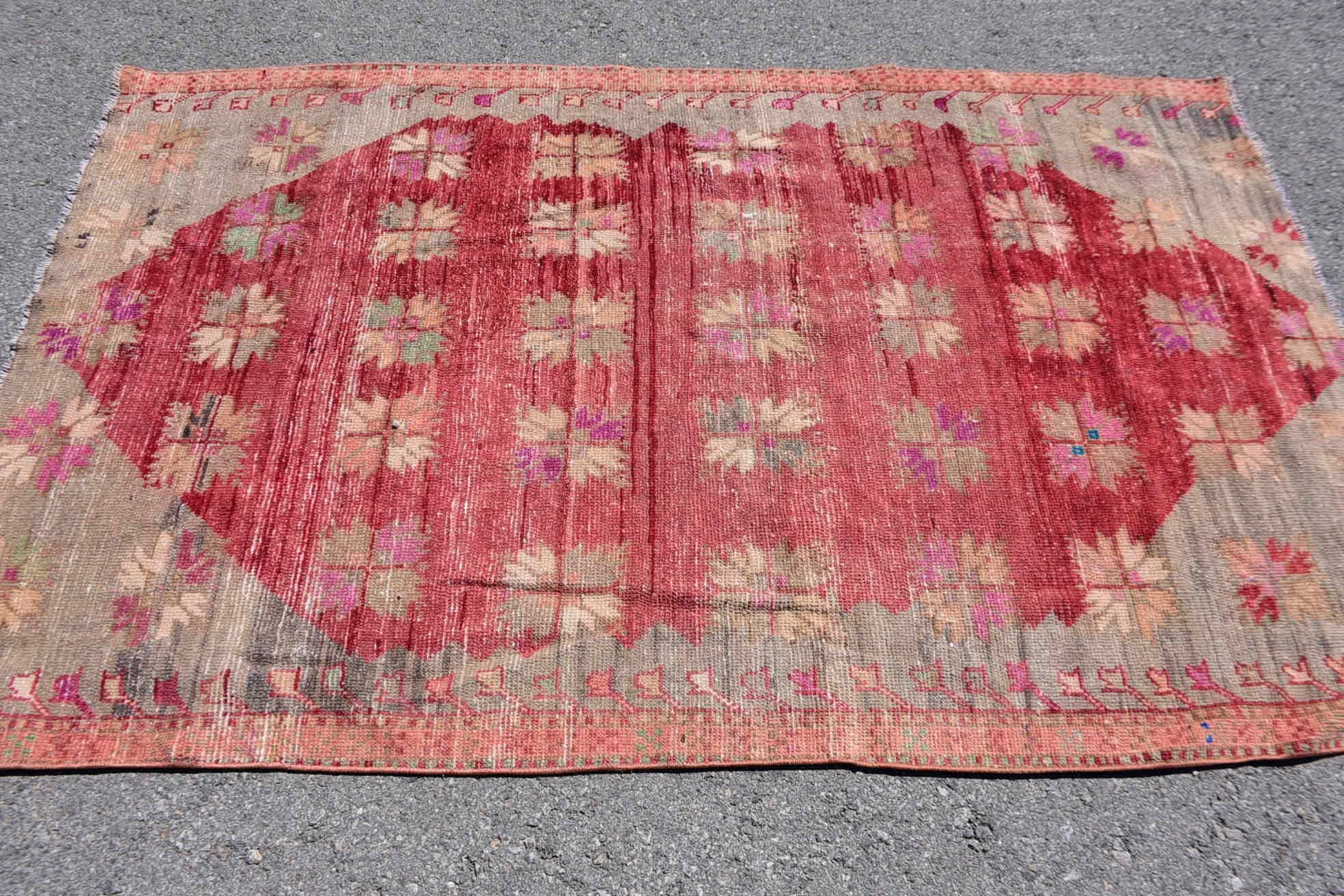 Bohemian Red Wool Rug - Handwoven Geometric Design - Box Turtle