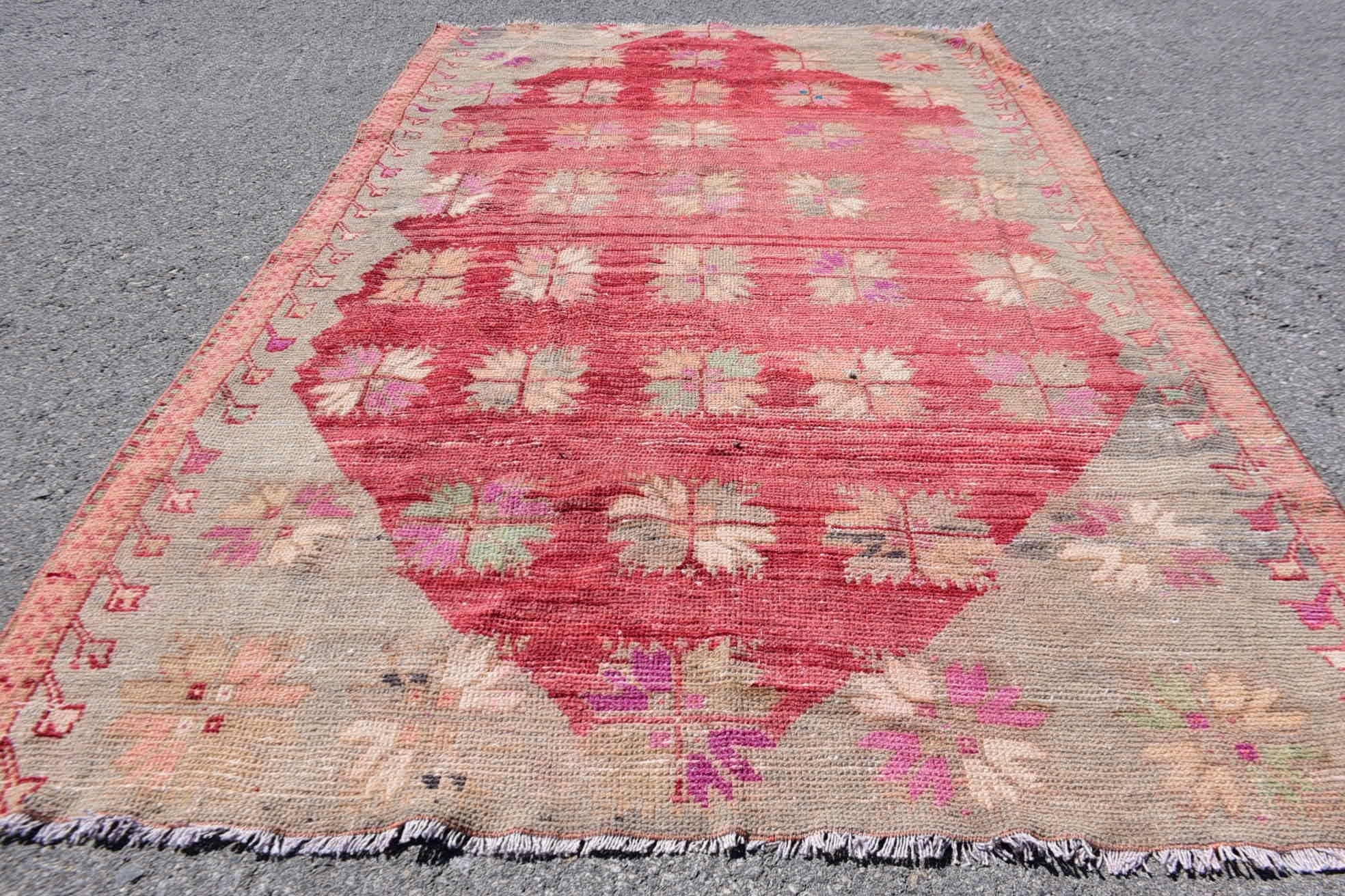 Bohemian Red Wool Rug - Handwoven Geometric Design - Box Turtle