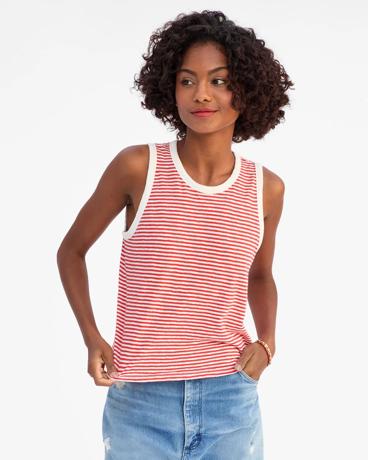 Bright Poppy & Cream Mini Stripe Tank - Box Turtle