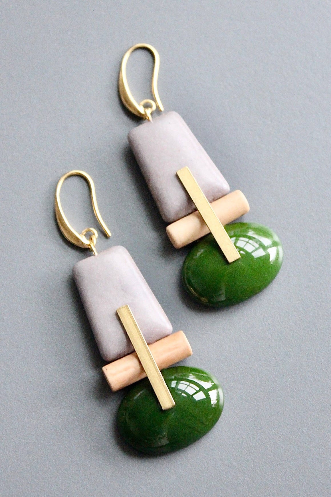 Gray Magnesite & Green Glass Earrings