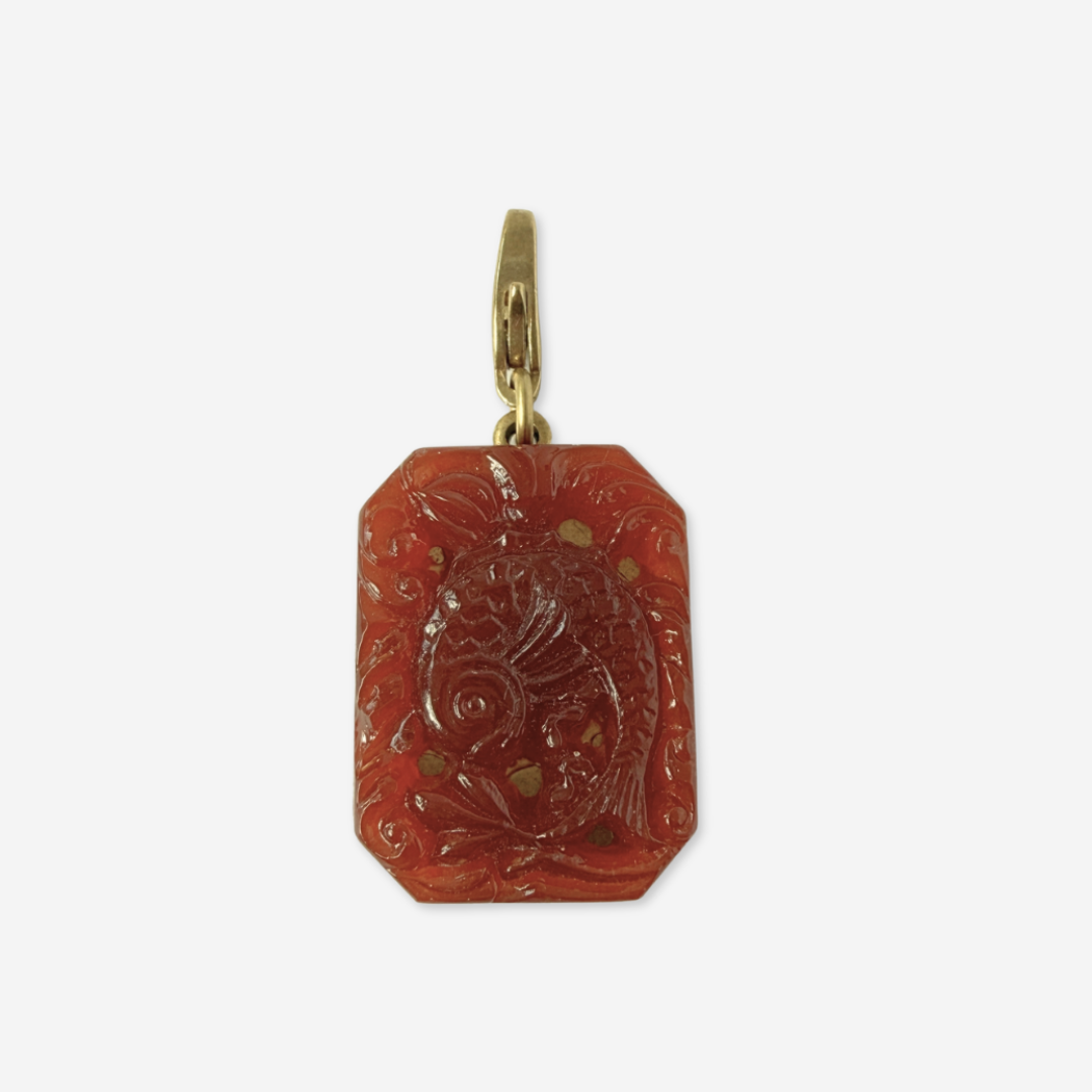 Vintage Pierced Carnelian Glass Octagonal Fish Charm