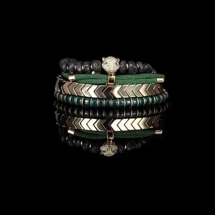 Emerald Panther Stack Gold &amp; Lava Stone Bracelet Set