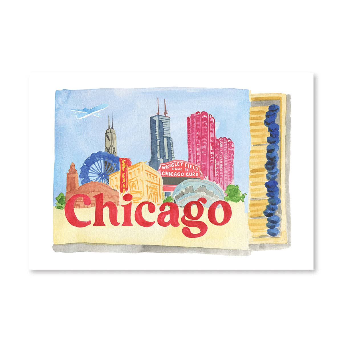 Chicago Skyline Matchbook Watercolor Print - Box Turtle