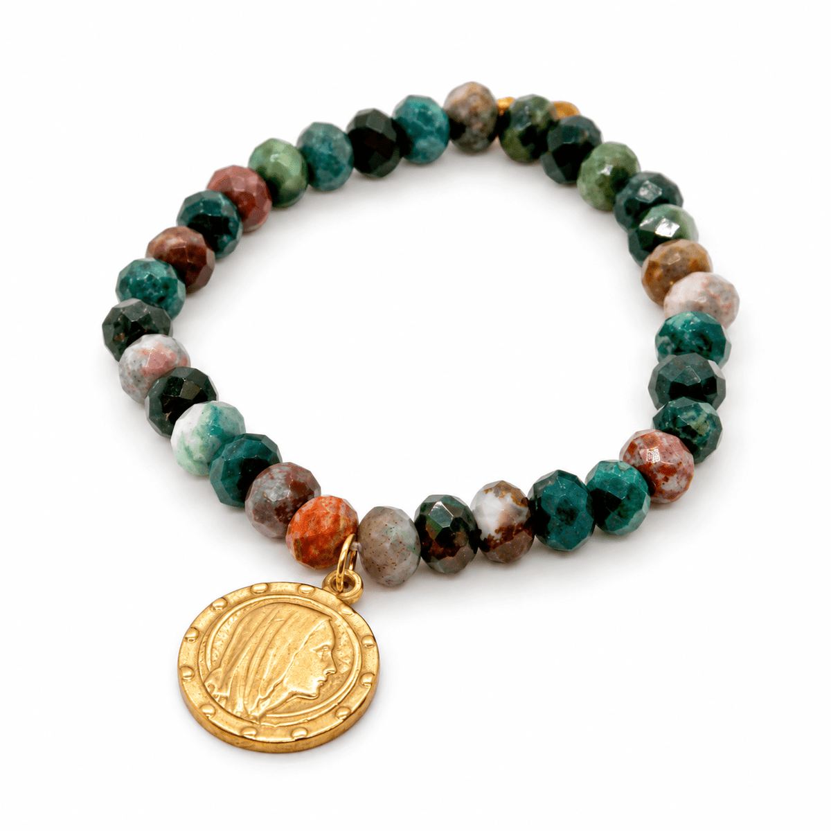 Circle Medal Stretch Indian Agate Bracelet - Box Turtle