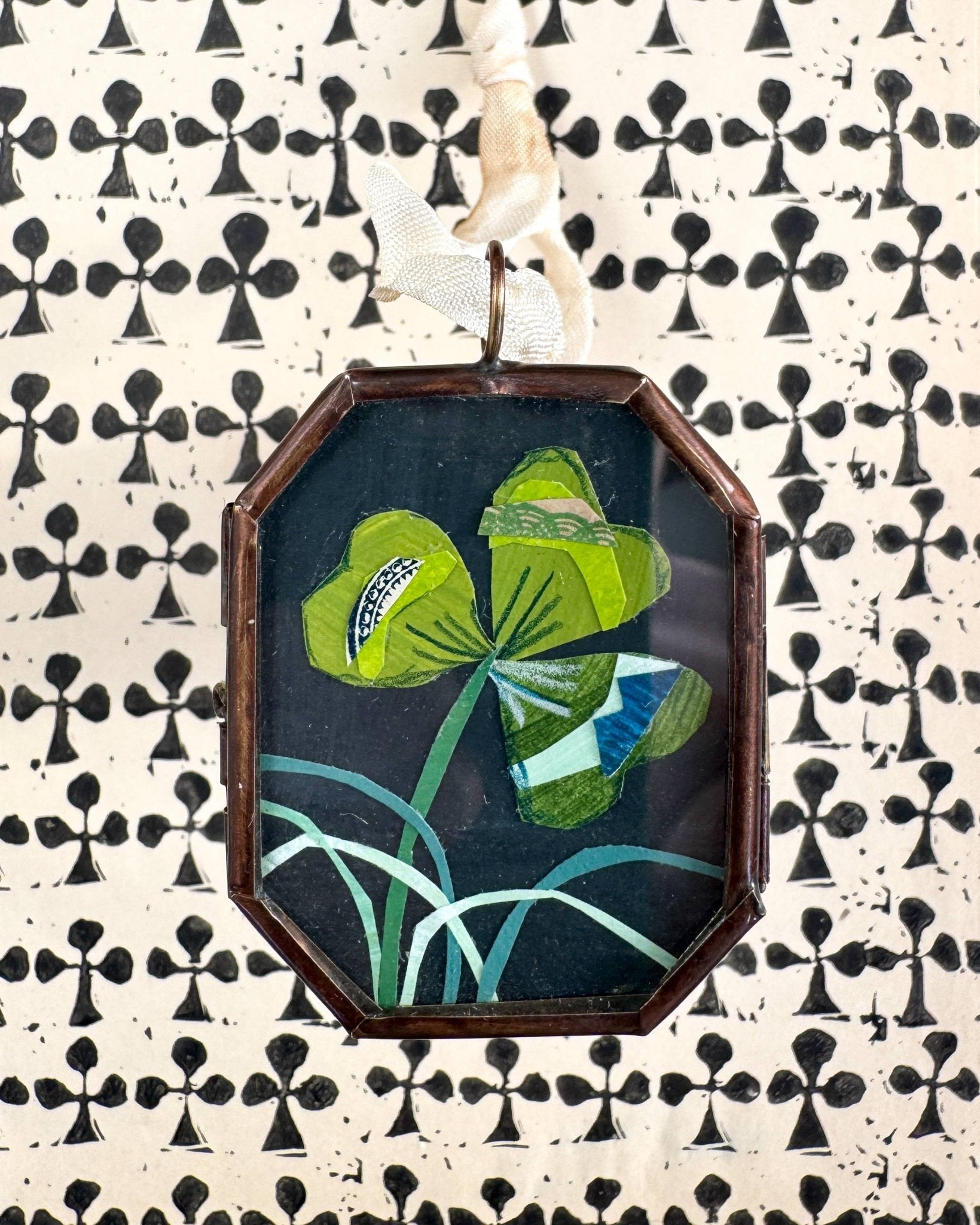 Clover with Grass ~ Art Locket Ornament - Box Turtle