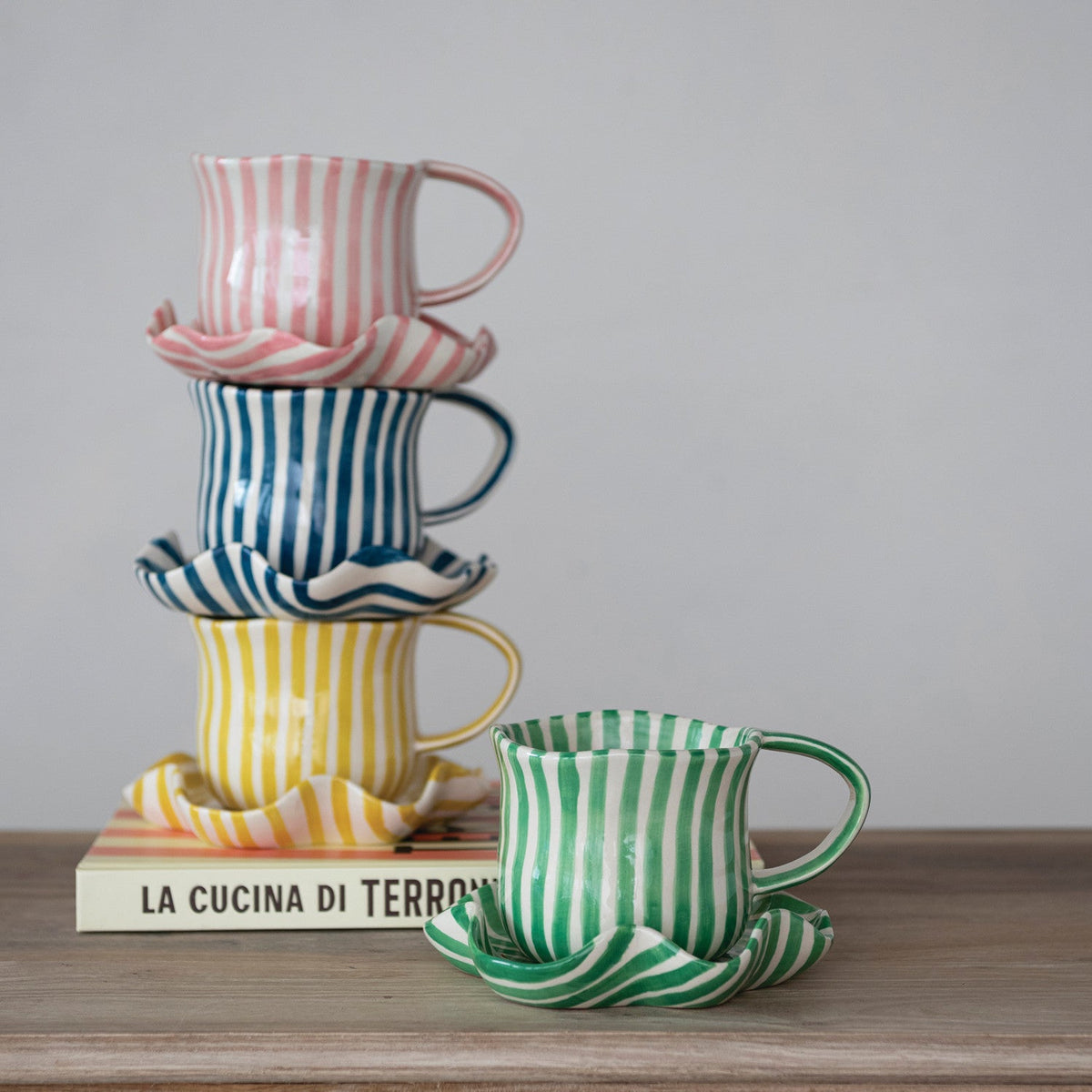 Colorful Striped Mugs &amp; Ruffled Saucers - Box Turtle