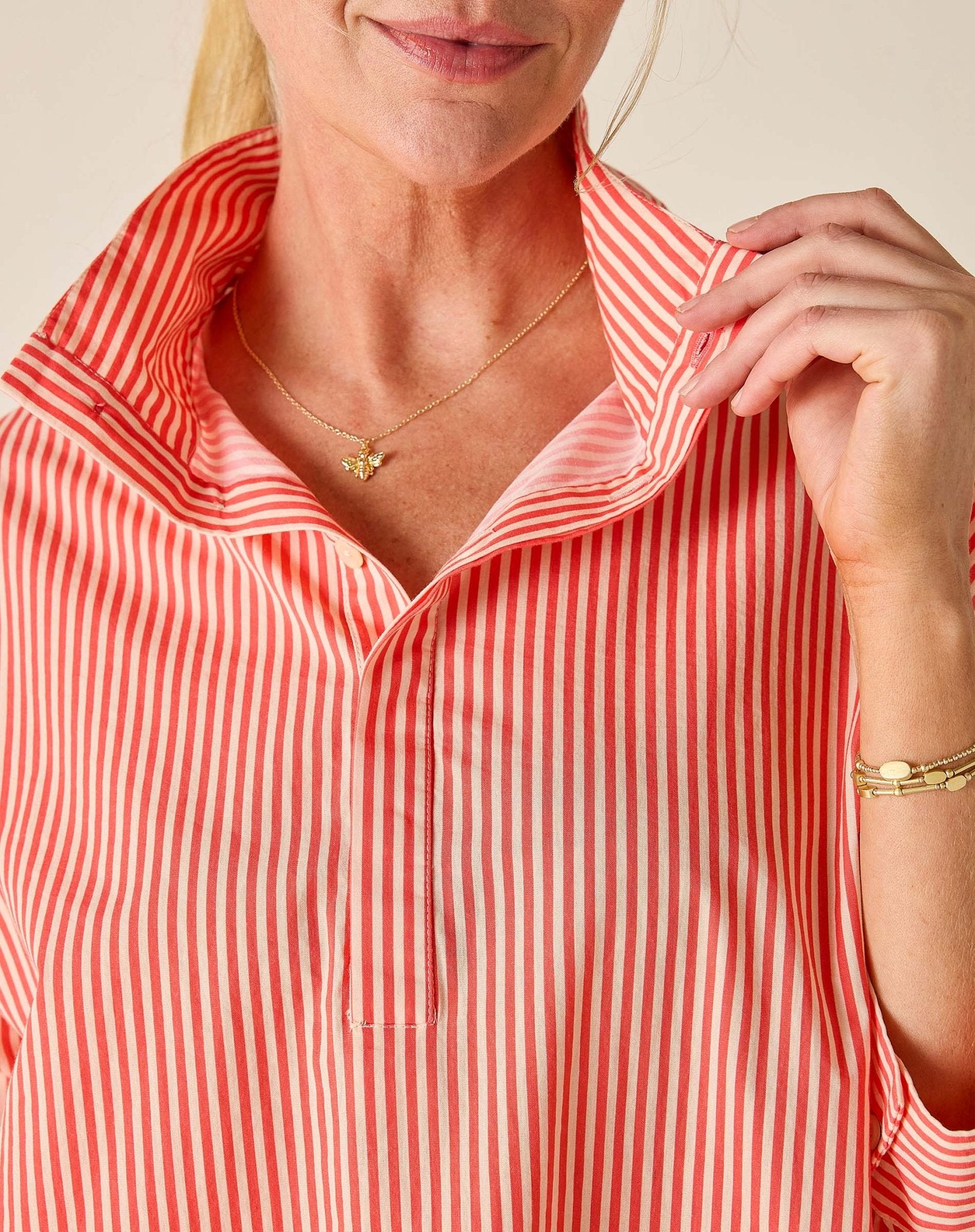 Coral Rose Stripe Pop Up Collar Top - Box Turtle