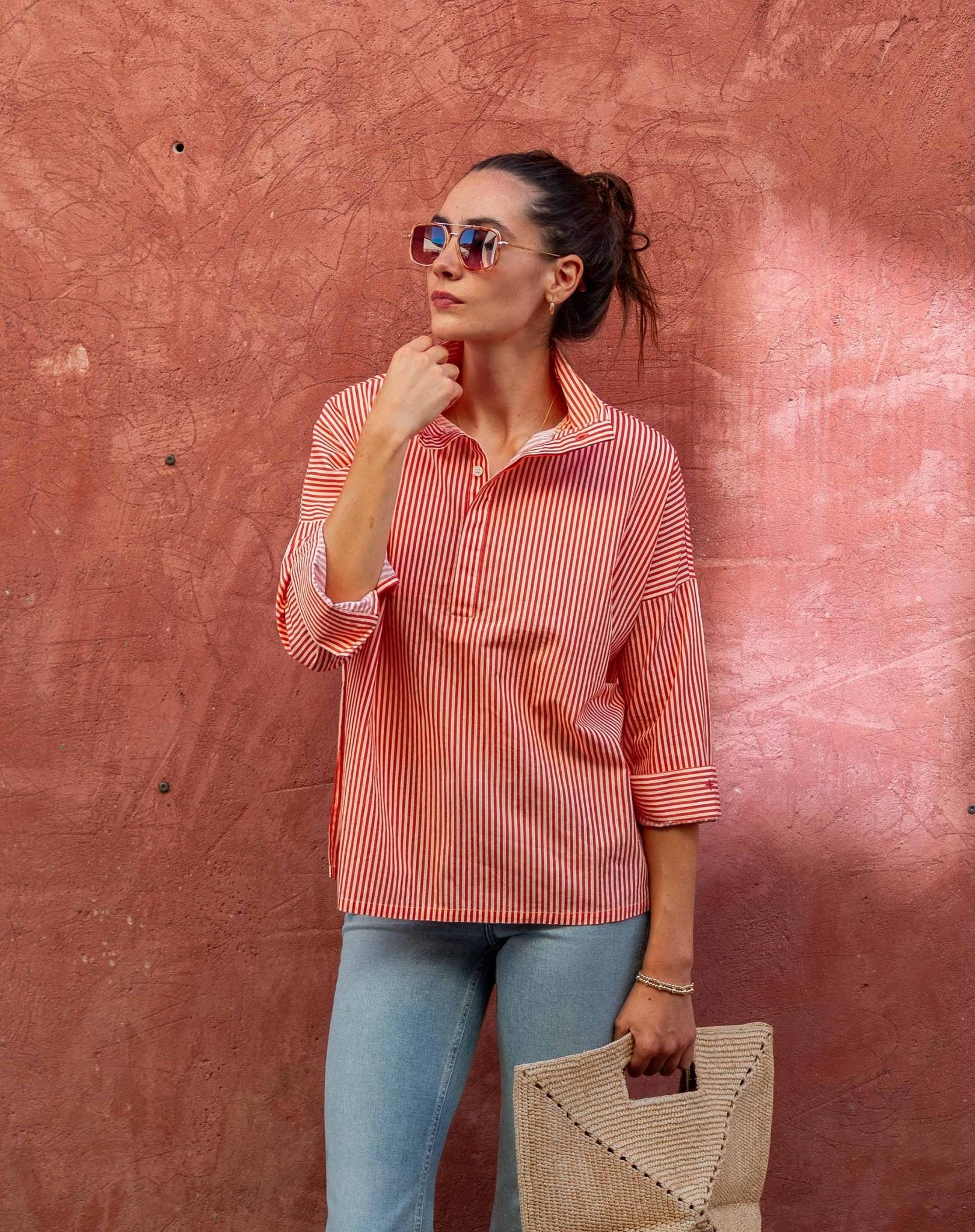 Coral Rose Stripe Pop Up Collar Top - Box Turtle