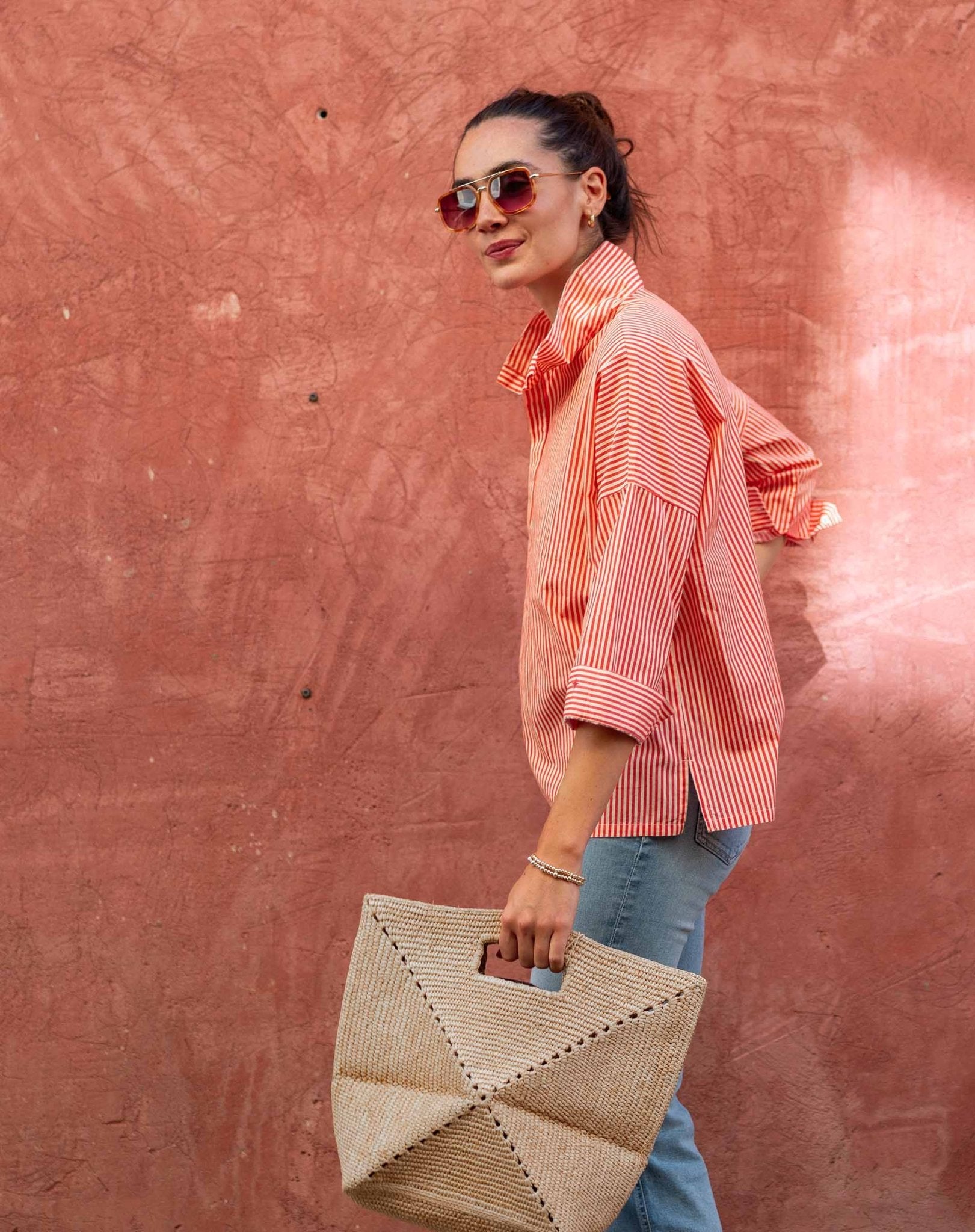 Coral Rose Stripe Pop Up Collar Top - Box Turtle