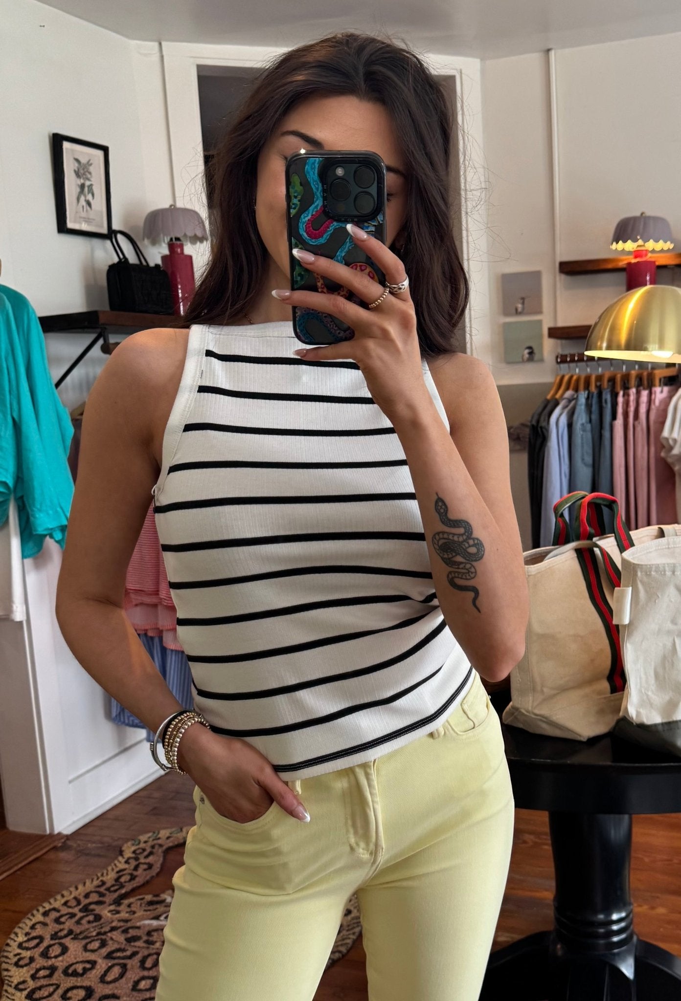 Cream with Black Stripes Moira Tank - Box Turtle