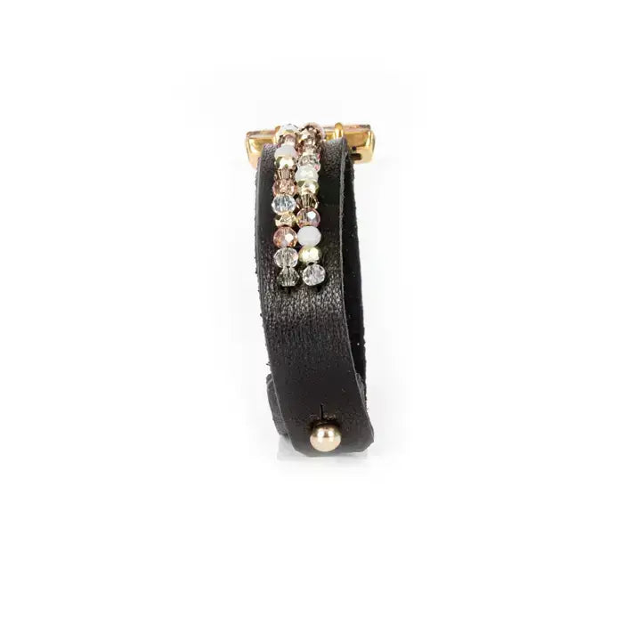 Black Leather Cuff with Champagne Crystal Bar