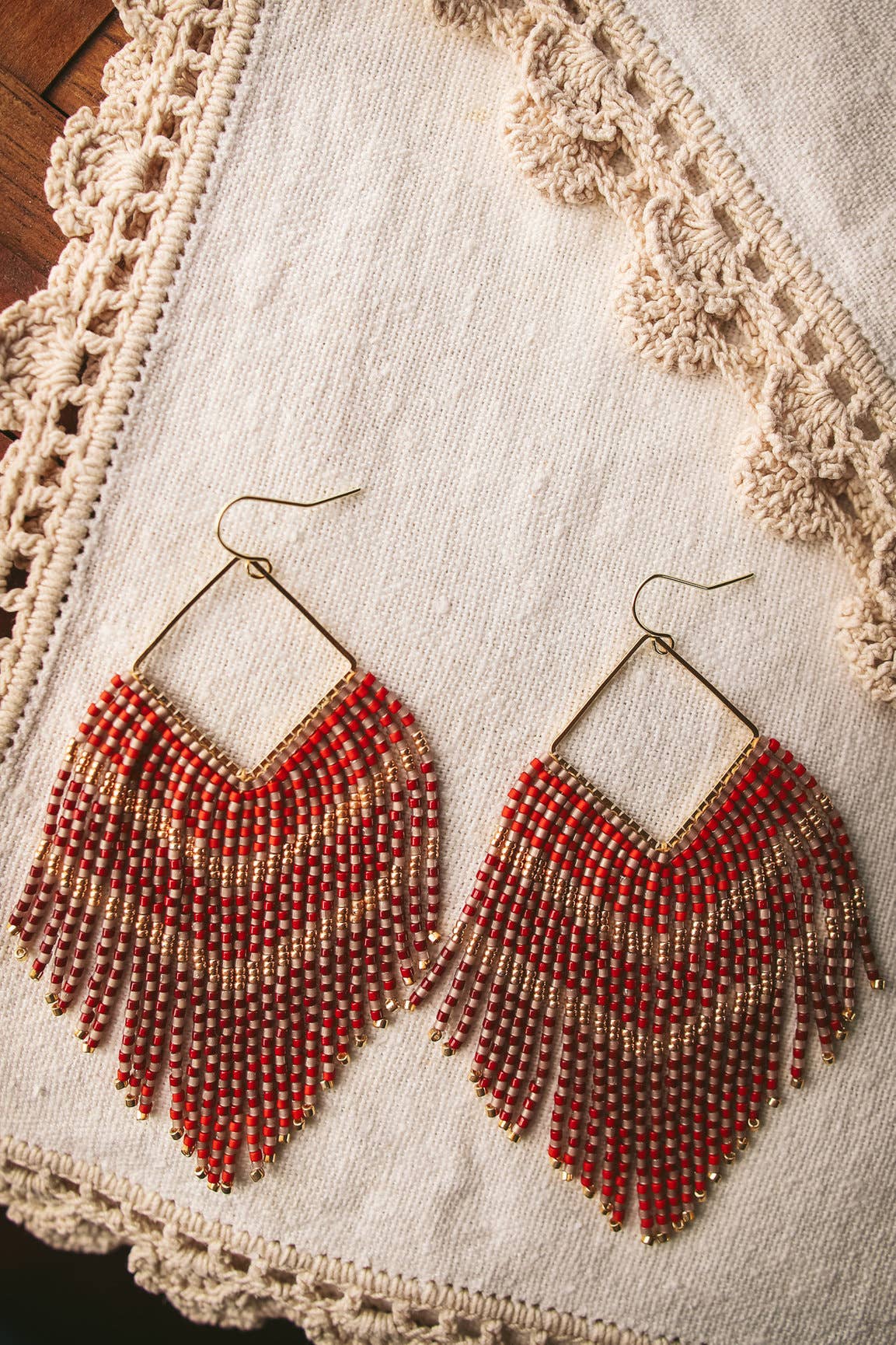 Yellow V Fringe Beaded Earrings