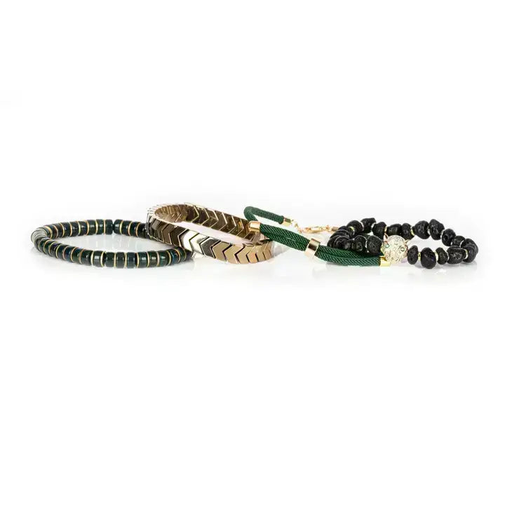 Emerald Panther Stack Gold &amp; Lava Stone Bracelet Set