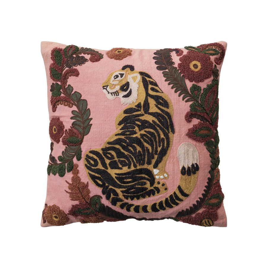 Pink Embroidered Tiger Pillow