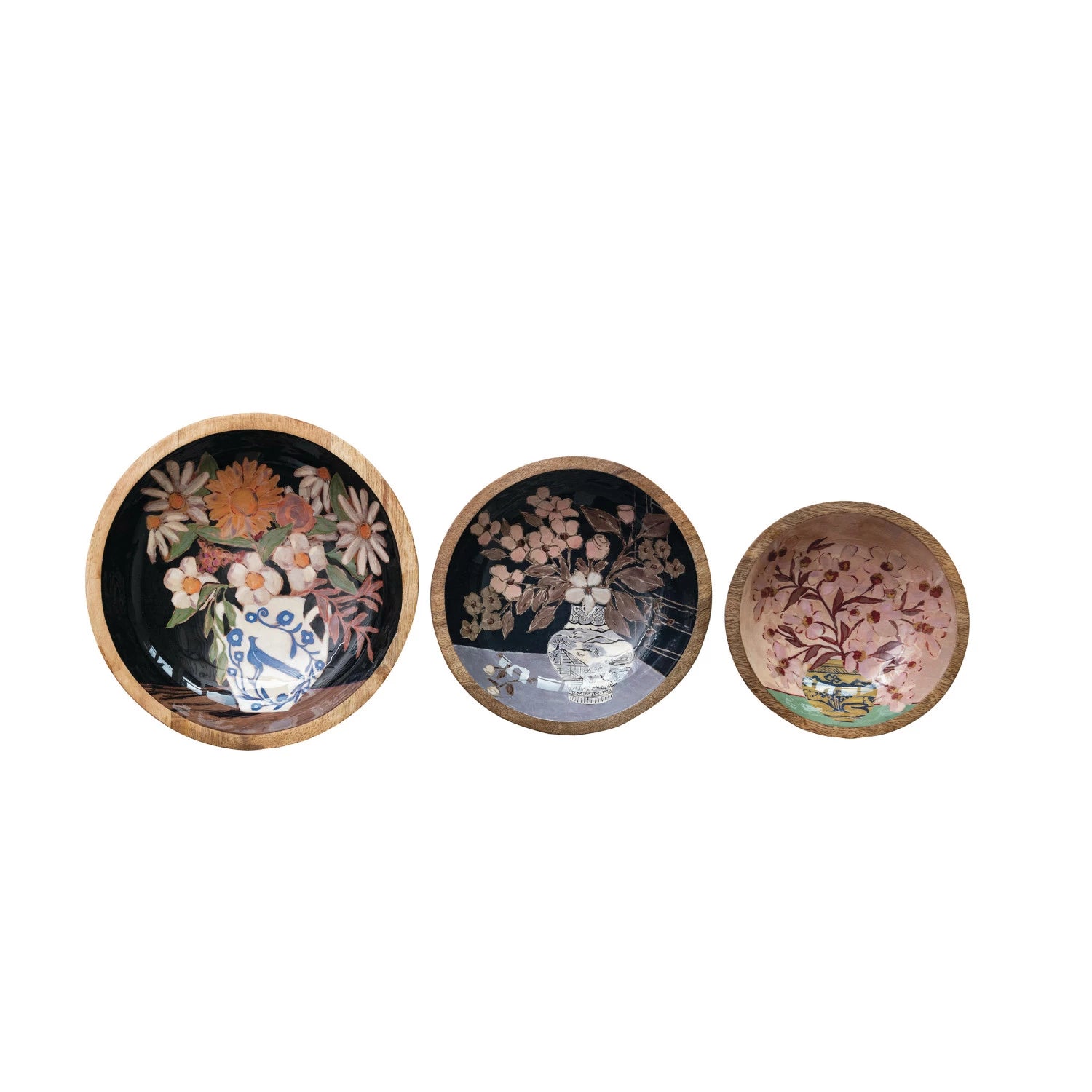 Enameled Mango Wood Flower Art Bowl