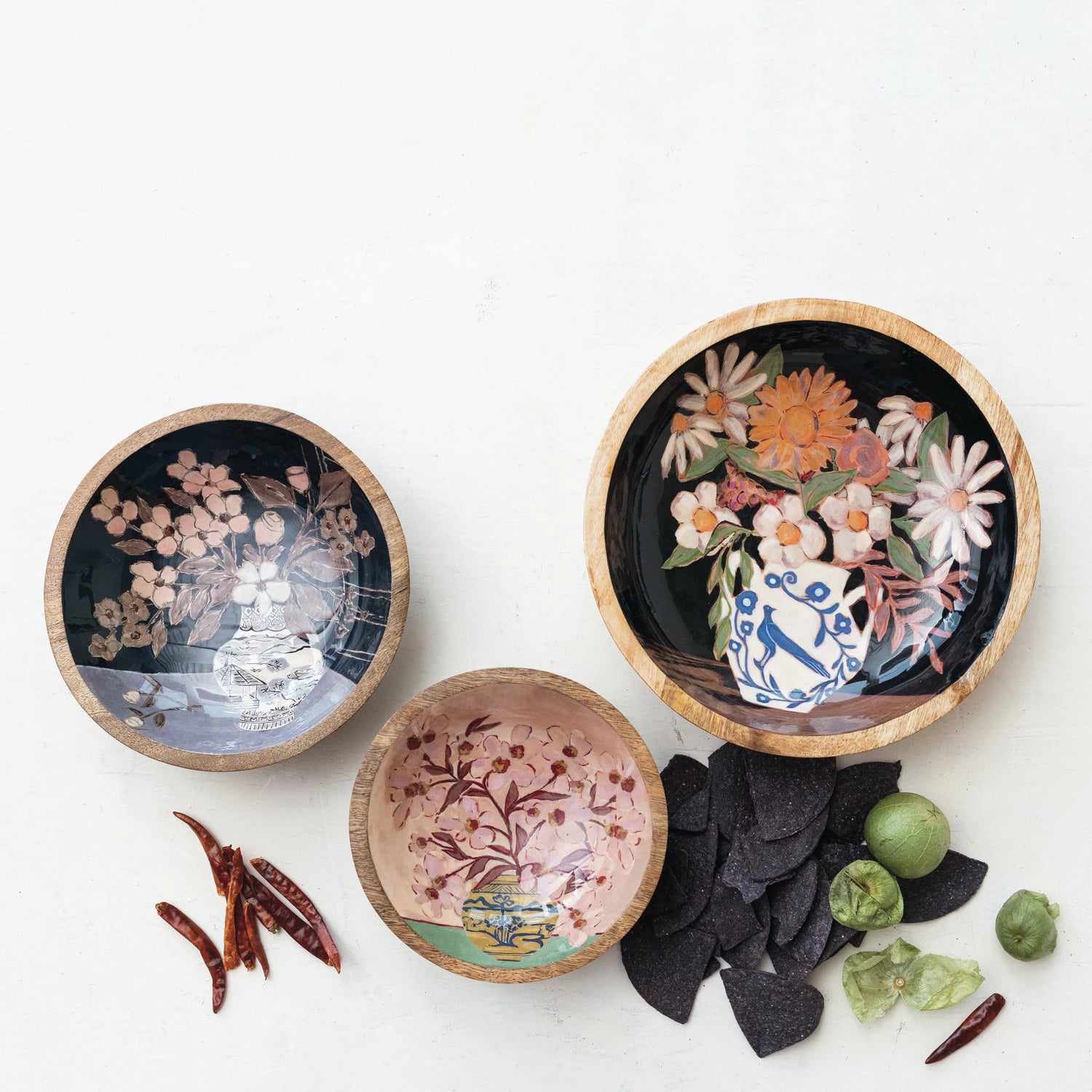 Enameled Mango Wood Flower Art Bowl