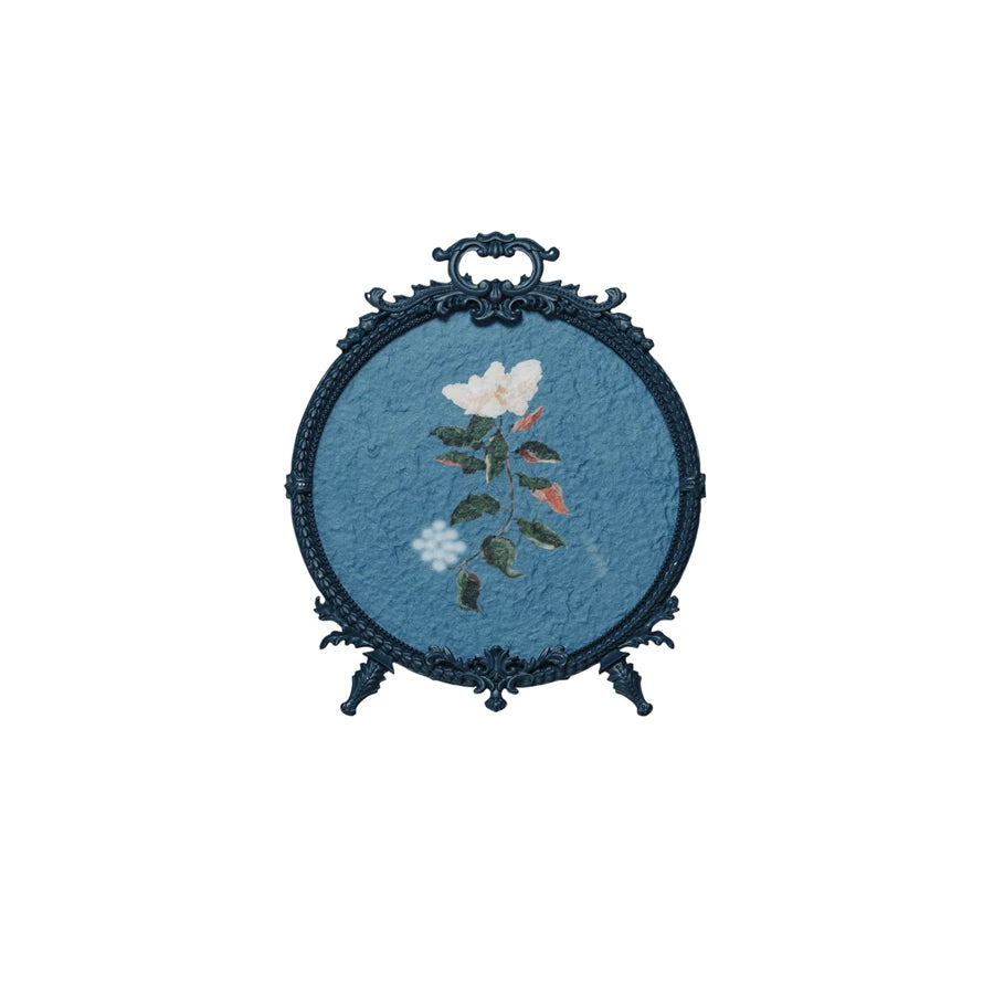 Blue Circle Frame with Hand-Painted Flowers
