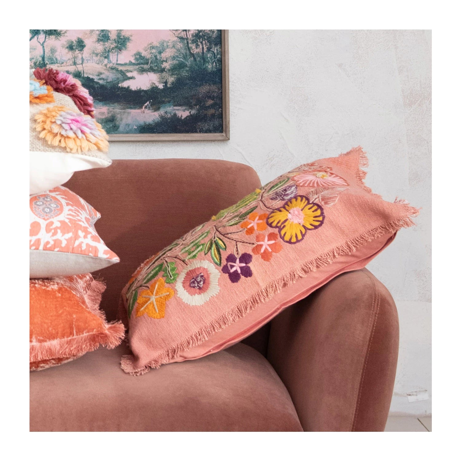 Peach Linen Pillow with Floral Embroidery & Eyelash Fringe