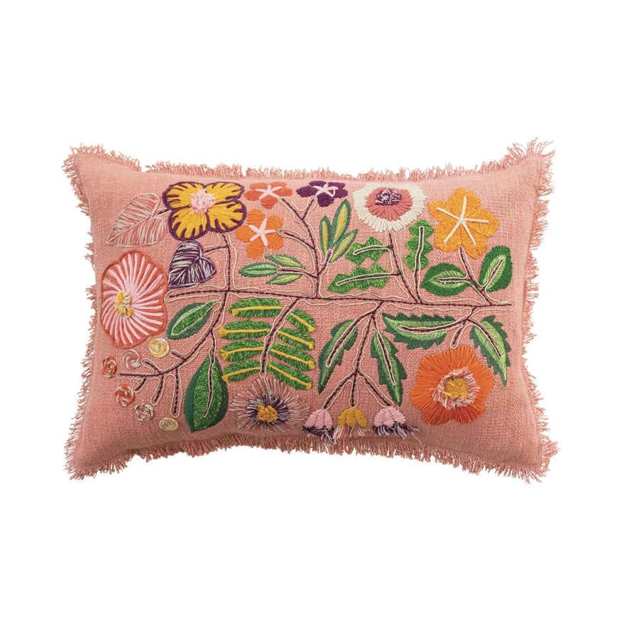 Peach Linen Pillow with Floral Embroidery & Eyelash Fringe
