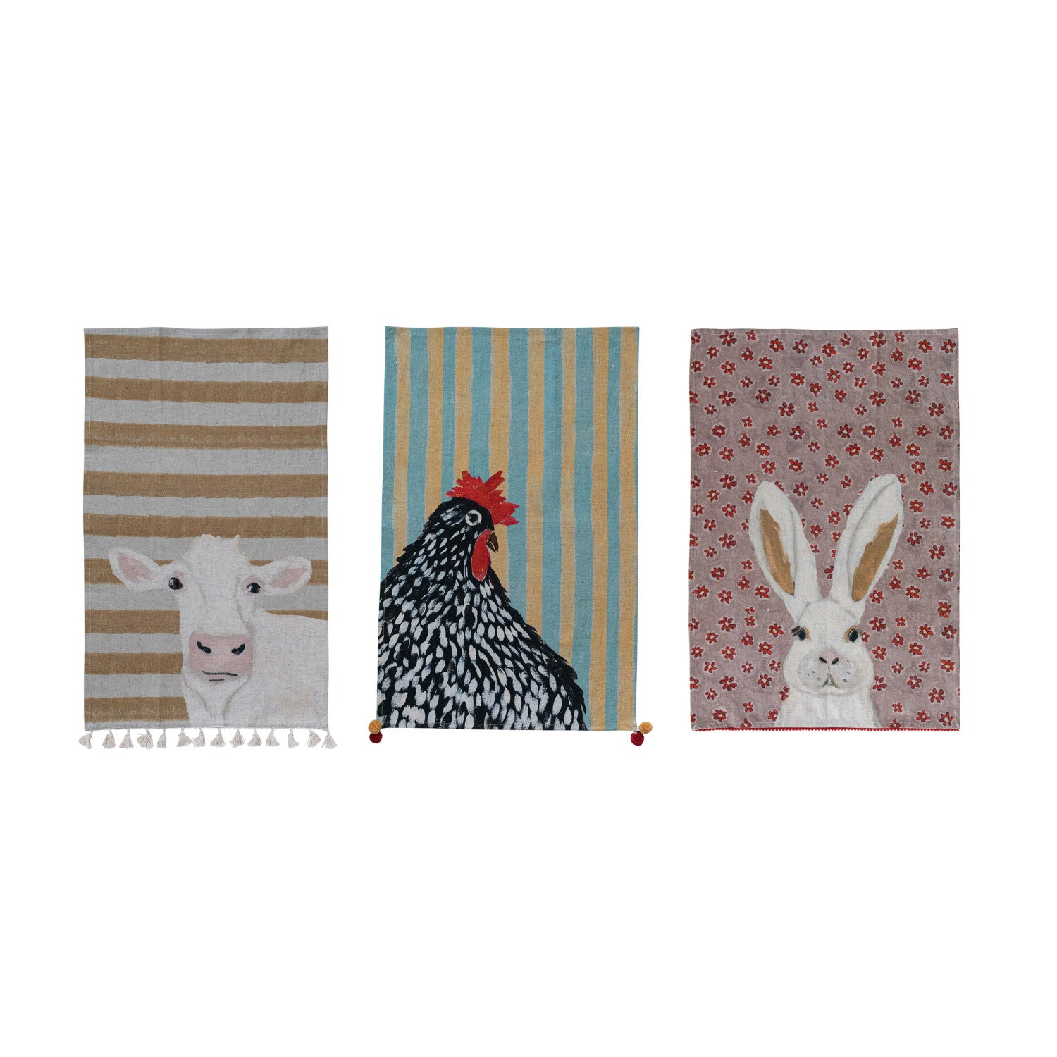 Cotton & Linen Printed Tea Towel with Pom Poms/Tassels, 3 Styles ©