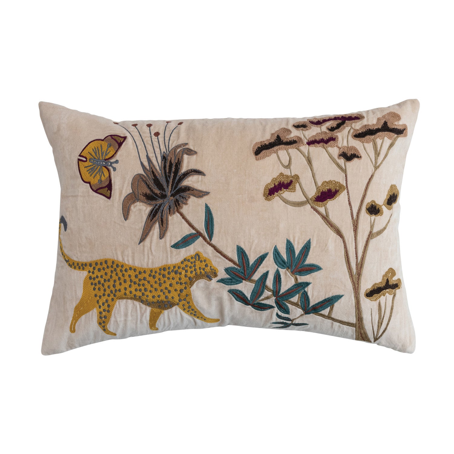 Cotton Velvet Lumbar Pillow with Embroidered Flora/Fauna