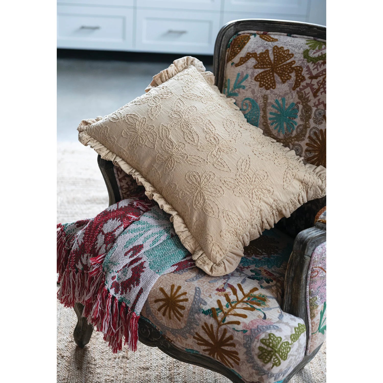 Flower Pattern Woven Cotton Blend Jacquard Throw
