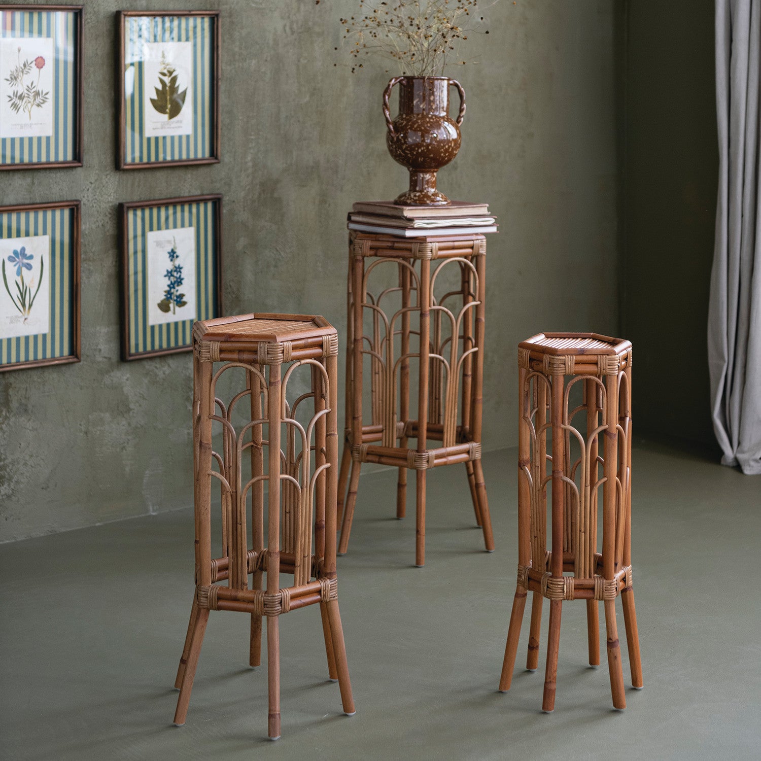 Rattan Hexagon Shaped Table and lant Stands