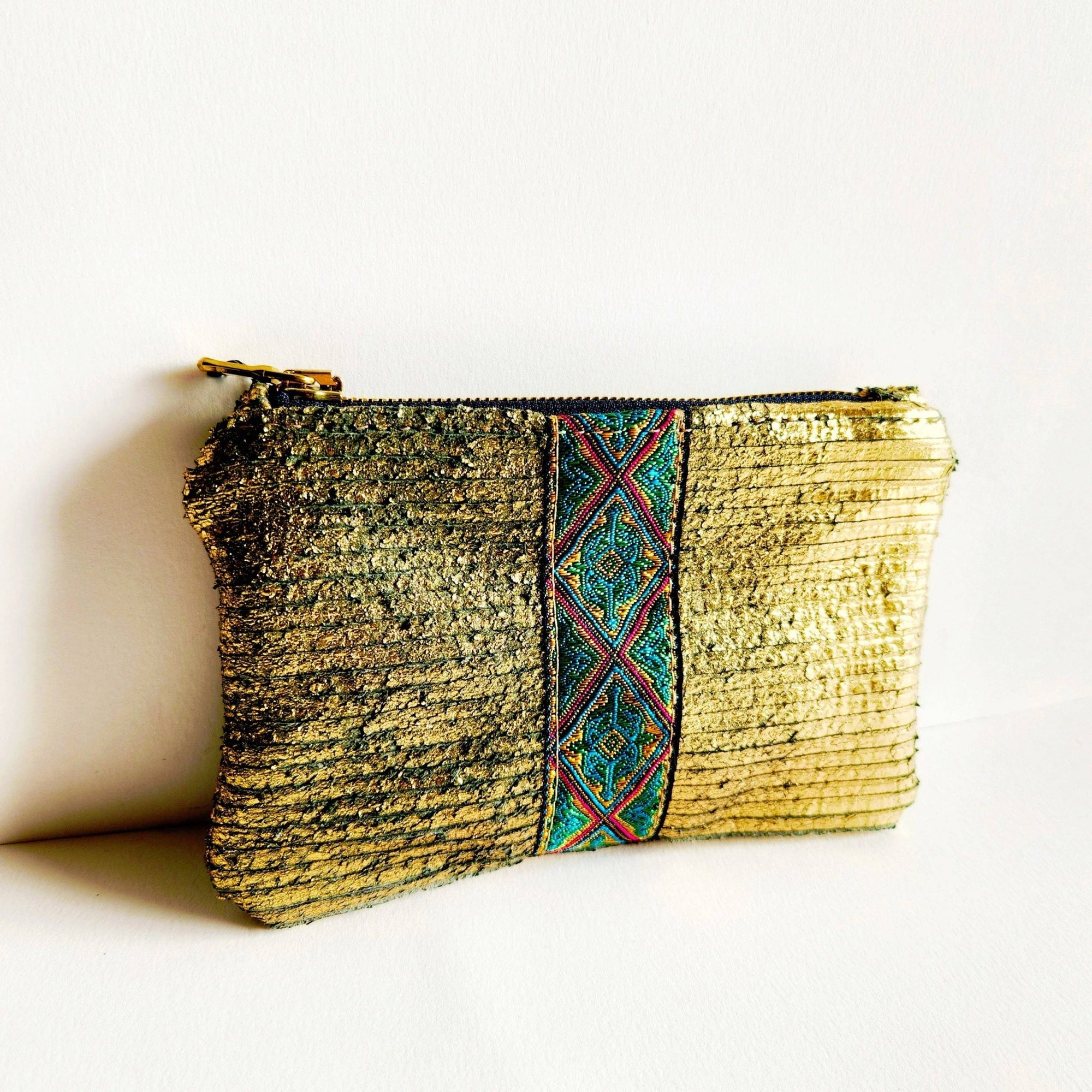 Distressed Gold Italian Leather Pouch With French Trim - Box Turtle