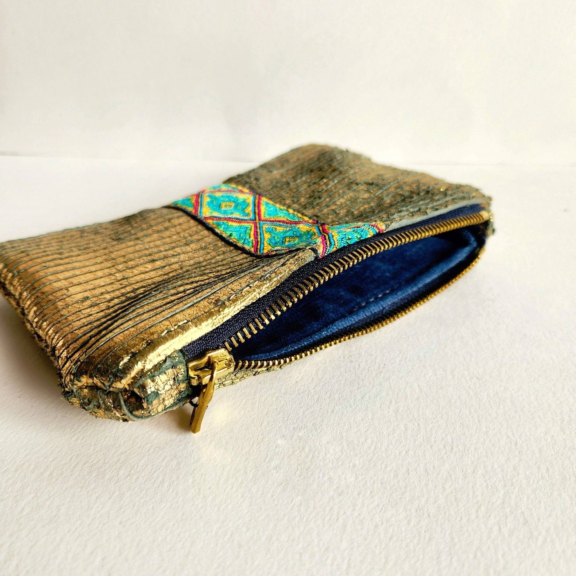 Distressed Gold Italian Leather Pouch With French Trim - Box Turtle