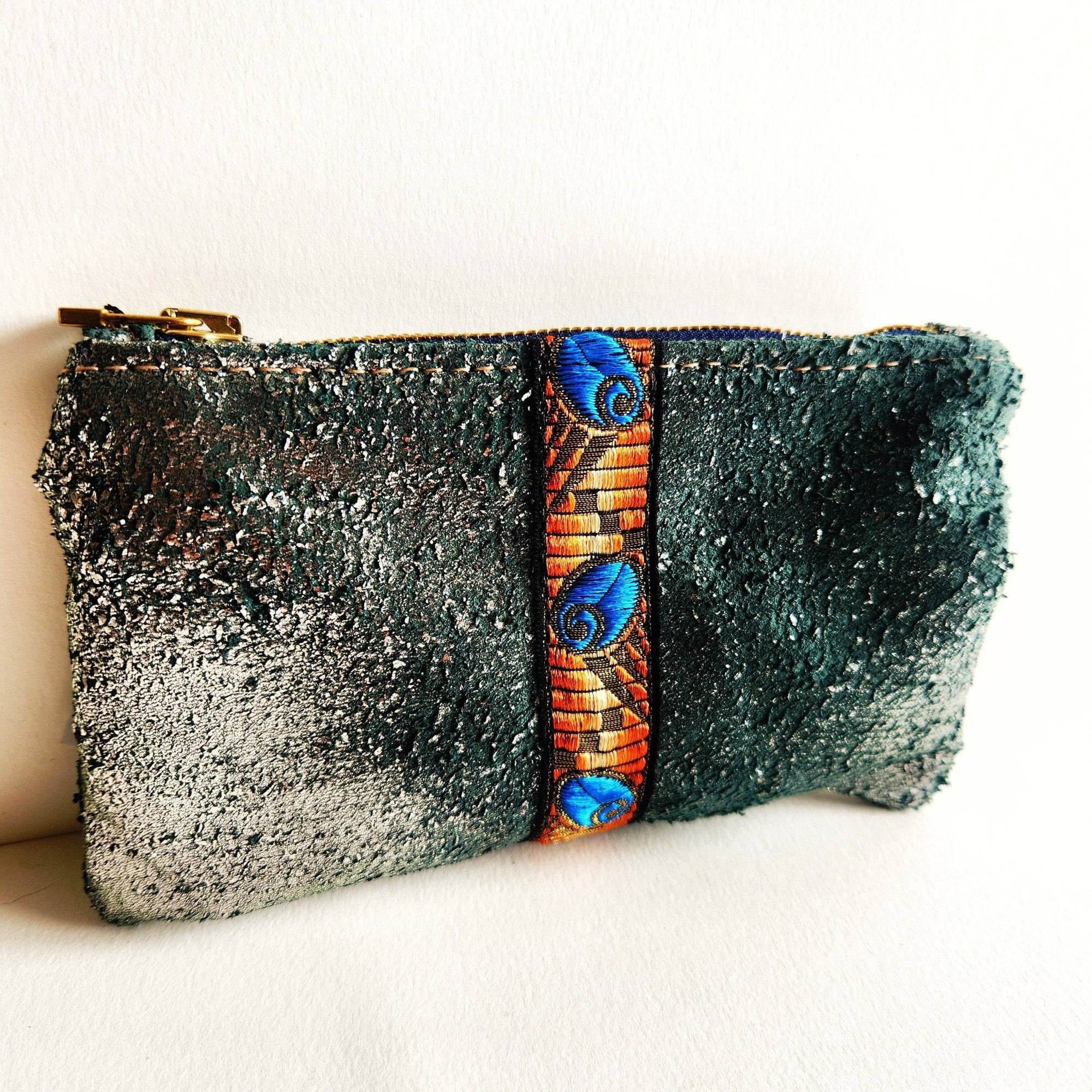 Distressed Pewter Italian Leather With French Trim Pouch - Box Turtle