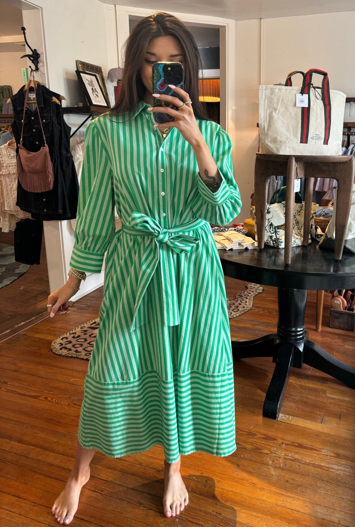 Double Green Stripe Martha Oversized Shirt Dress - Box Turtle