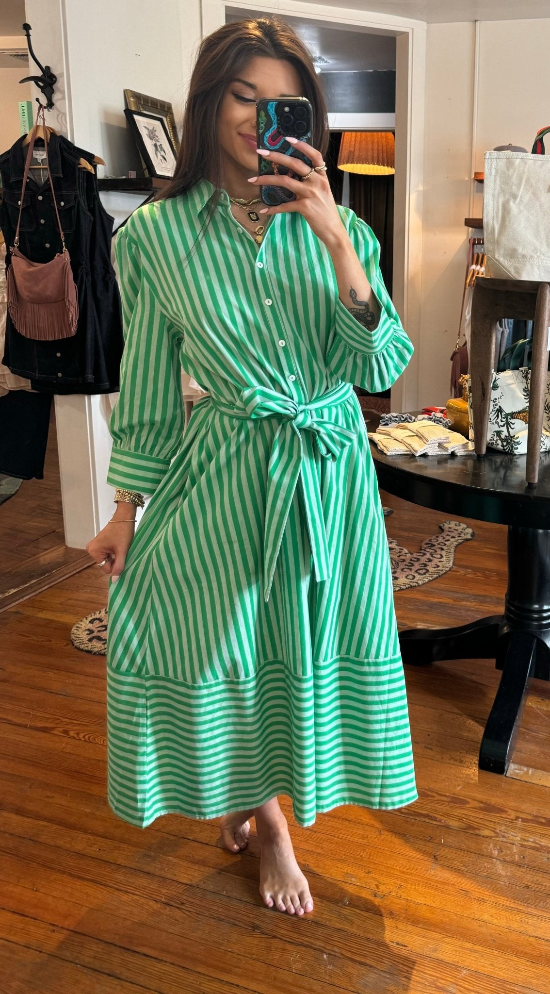 Double Green Stripe Martha Oversized Shirt Dress - Box Turtle