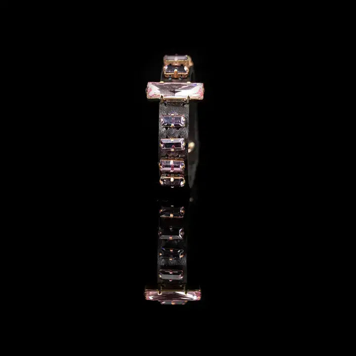 Handcrafted Black Leather Cuff with Blush Baguette Crystals