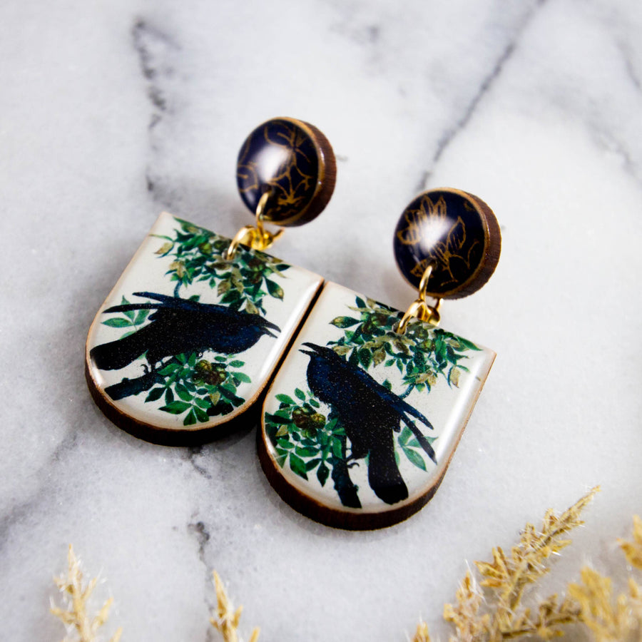 Vintage Black Raven Print Earrings