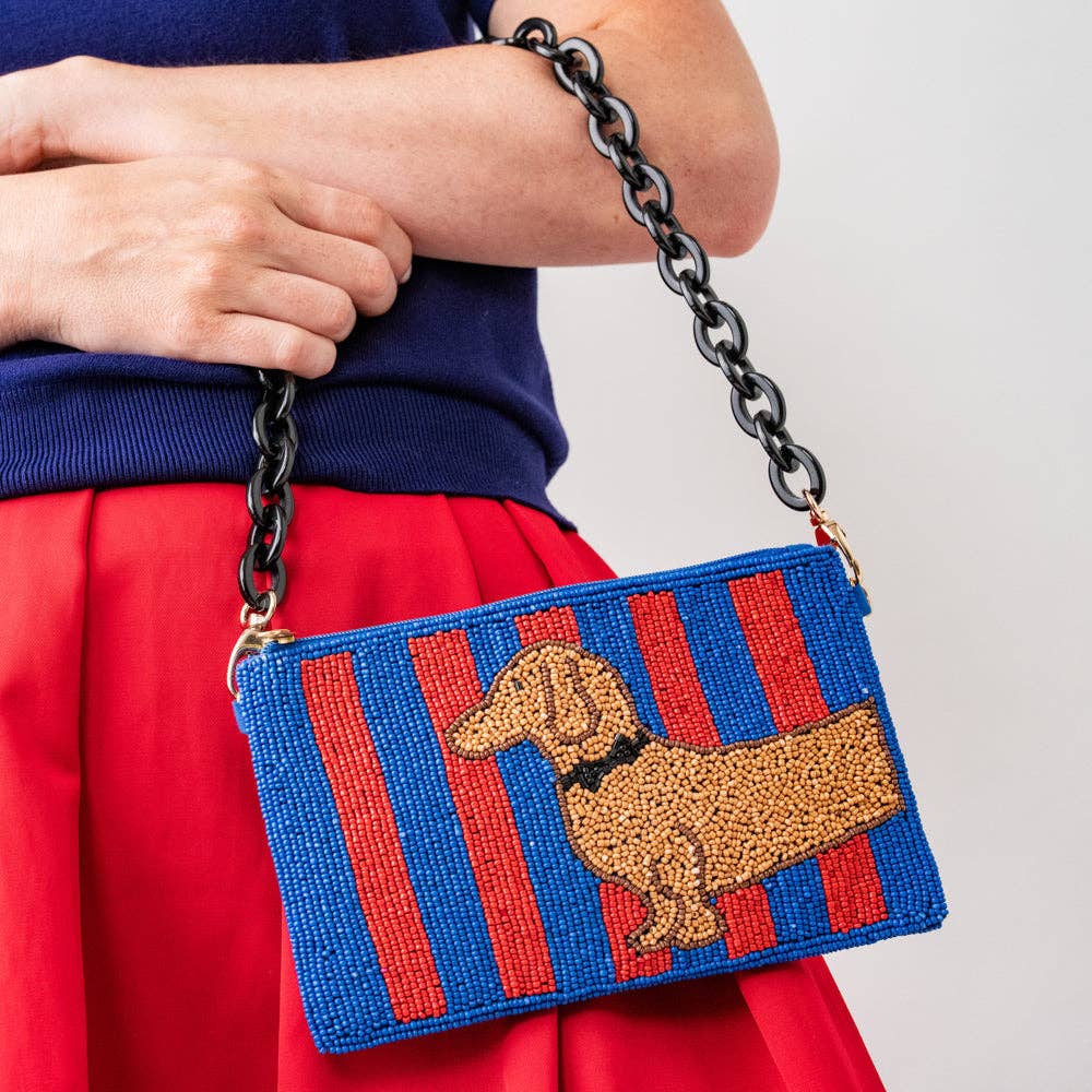 Elenor Striped Beaded Dachshund Bag Red + Blue - Box Turtle