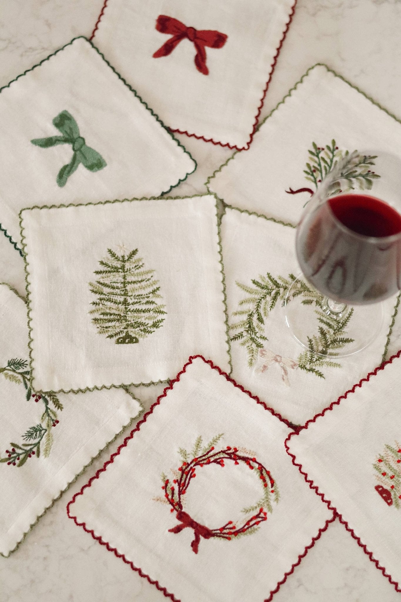 Embroidered Tree &amp; Wreath Cocktail Napkins - Box Turtle