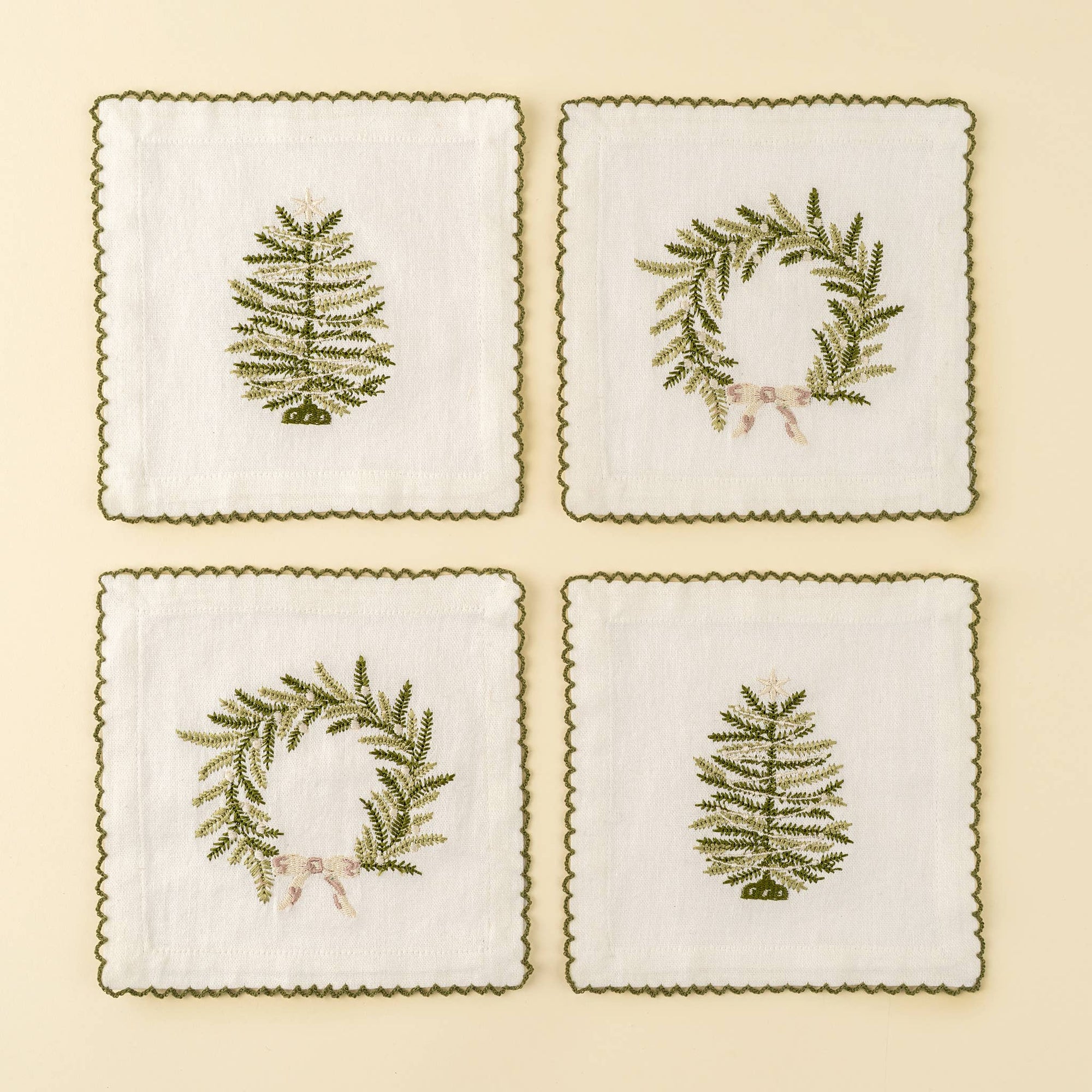 Embroidered Tree &amp; Wreath Cocktail Napkins - Box Turtle