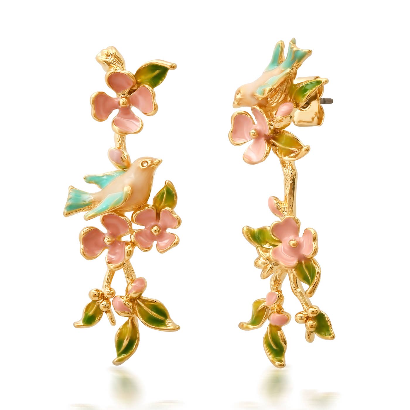 Enamel Birds and Flowers Dangle Earrings - Box Turtle