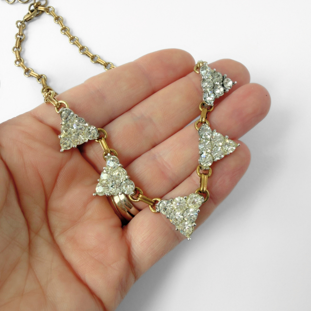 Vintage Clear Rhinestone Triangle Link Choker Necklace