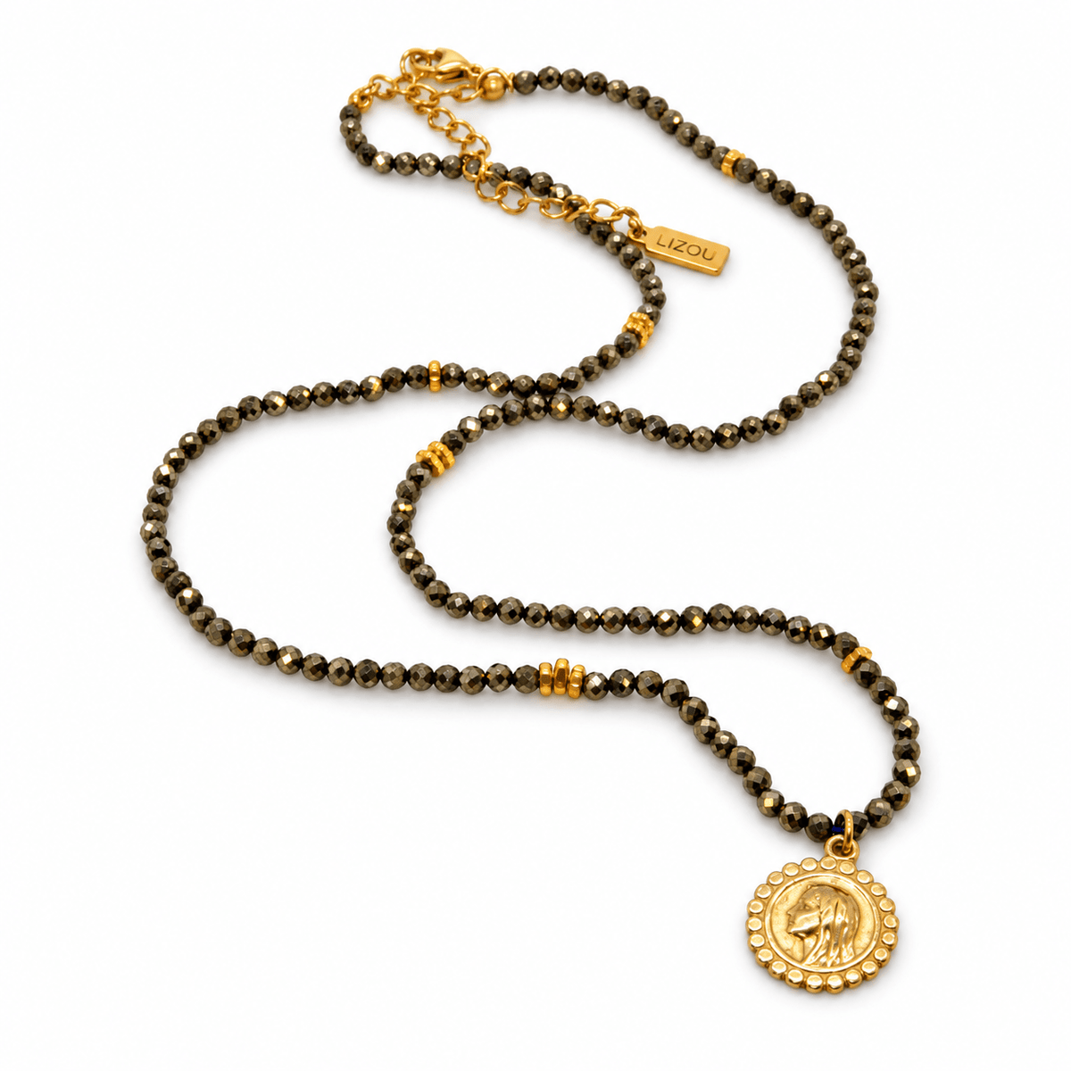 Faceted Mini Pyrite Short Delicate French Religious Medal Necklace - Box Turtle