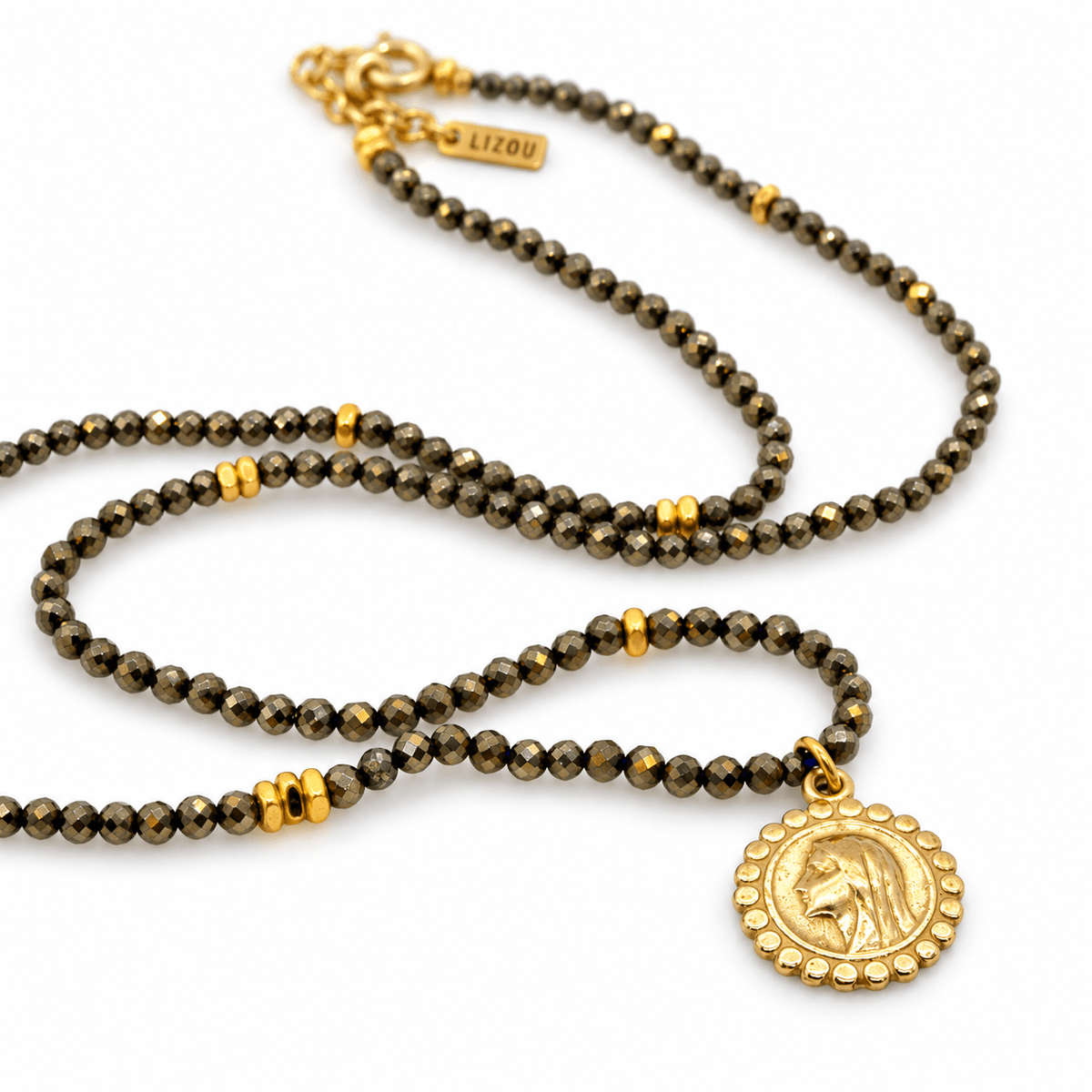 Faceted Mini Pyrite Short Delicate French Religious Medal Necklace - Box Turtle