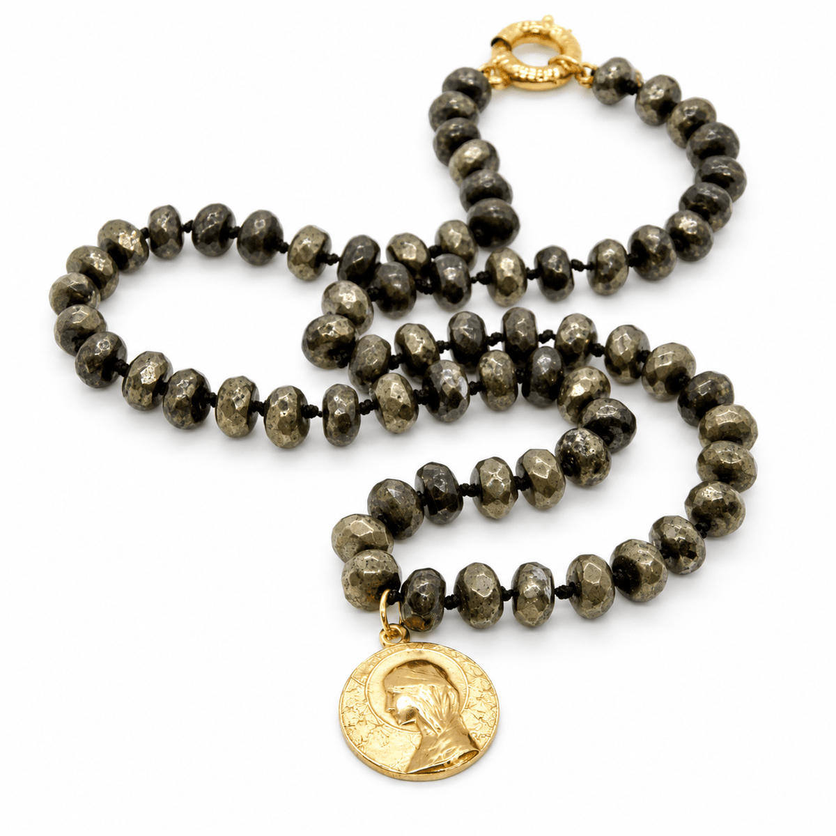 Faceted Pyrite Bead Hand-knotted French Religious Medal Short Necklace - Box Turtle