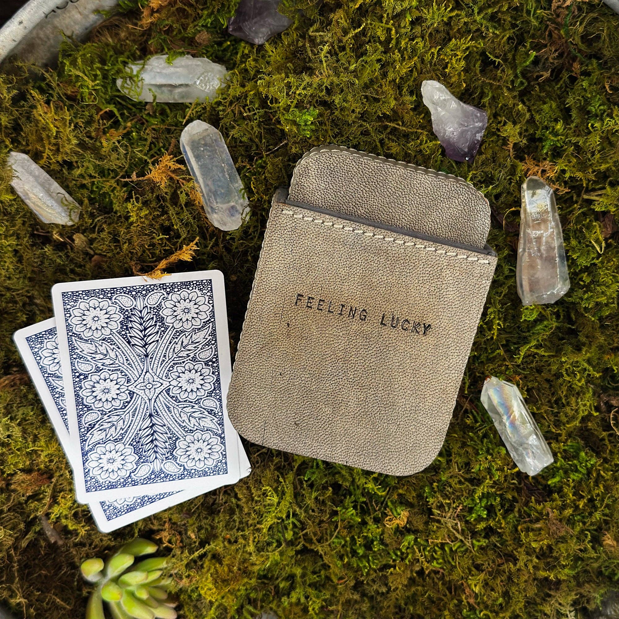 Feeling Lucky Leather Playing Card Case in Stone - Box Turtle